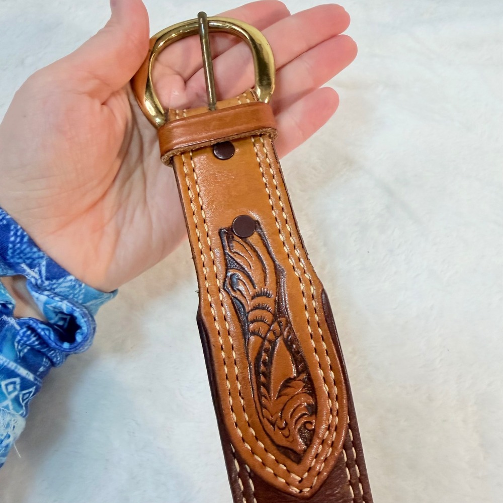 Vintage Western Tooled Leather Belt Mens 40 Brown Tan Solid Brass Buckle Floral